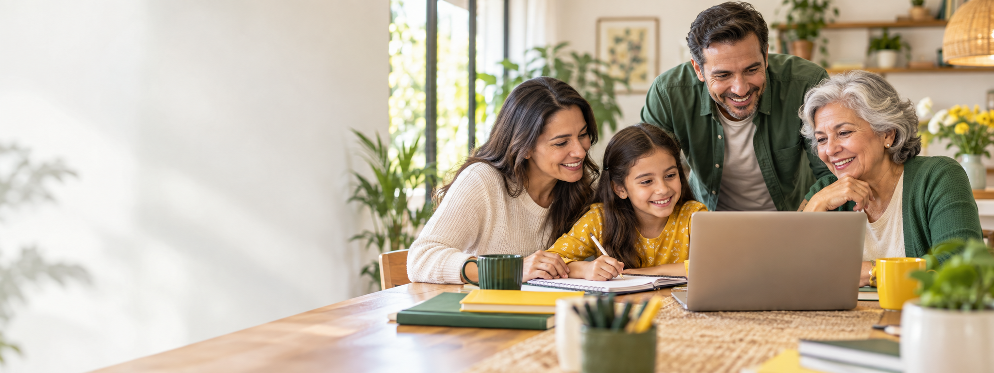 Familia aprendiendo unida con herramientas digitales