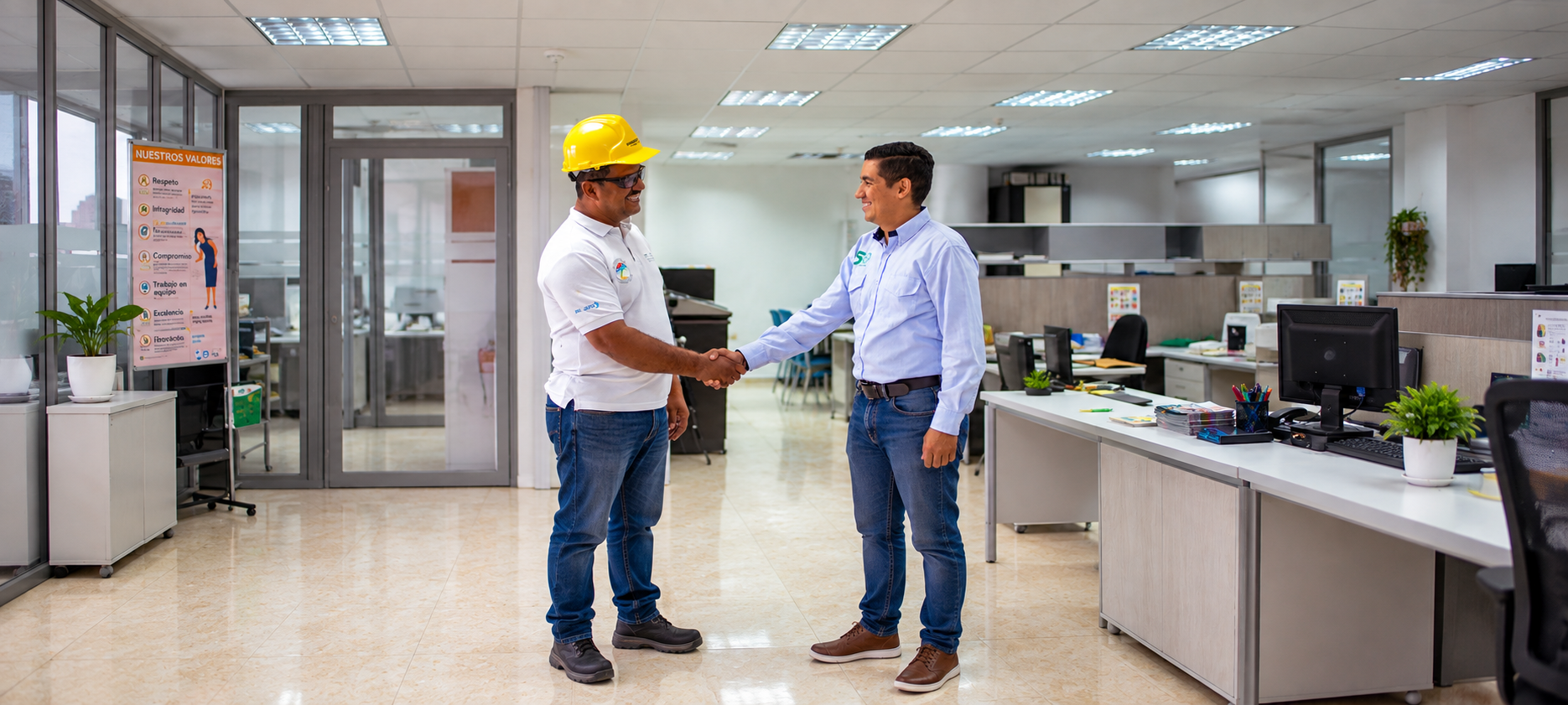 Dos colaboradores estrechándose la mano en las oficinas de Coomonómeros