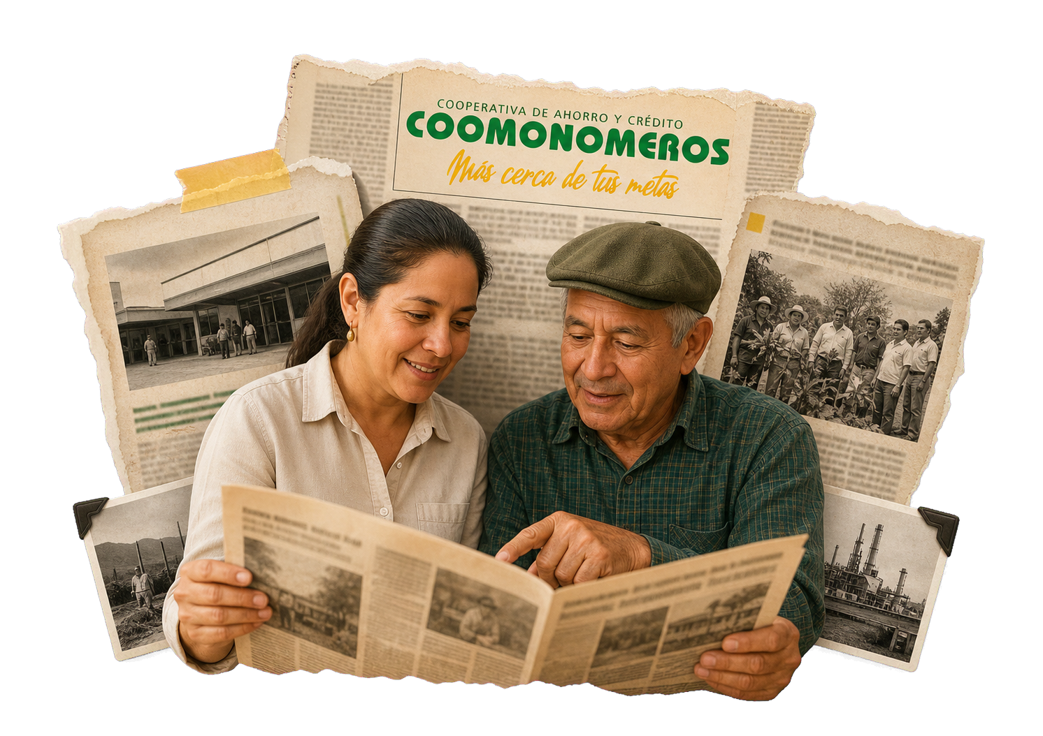 Collage de archivo con dos personas leyendo noticias sobre la historia de Coomonómeros
